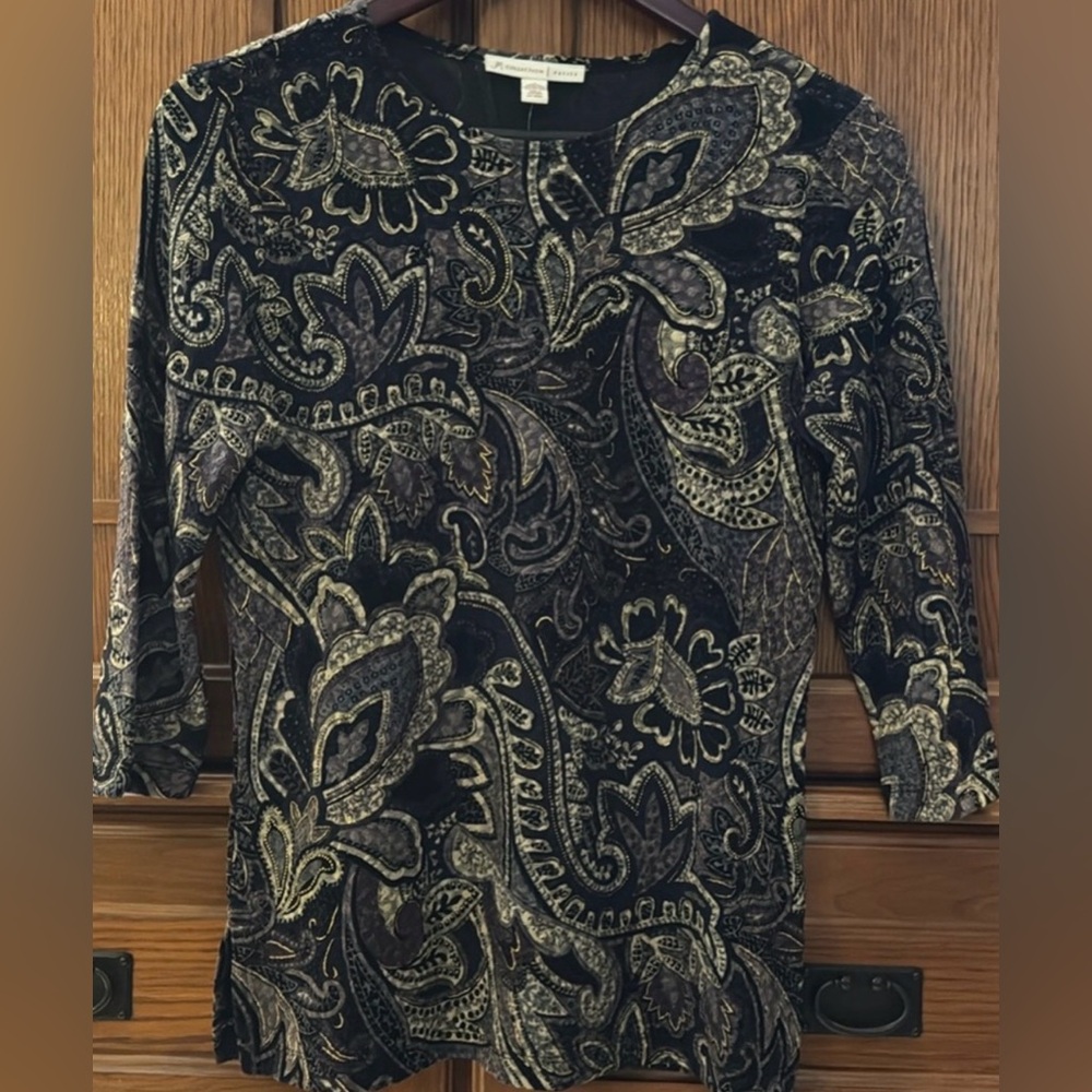 NWT JM Collection Petite 3/4 Sleeve Scoop Neck Purple Reign Paisley Stretch Top